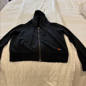 Aviator Nation Black Hoodie Jacket zipper size small rock and roll on the back.